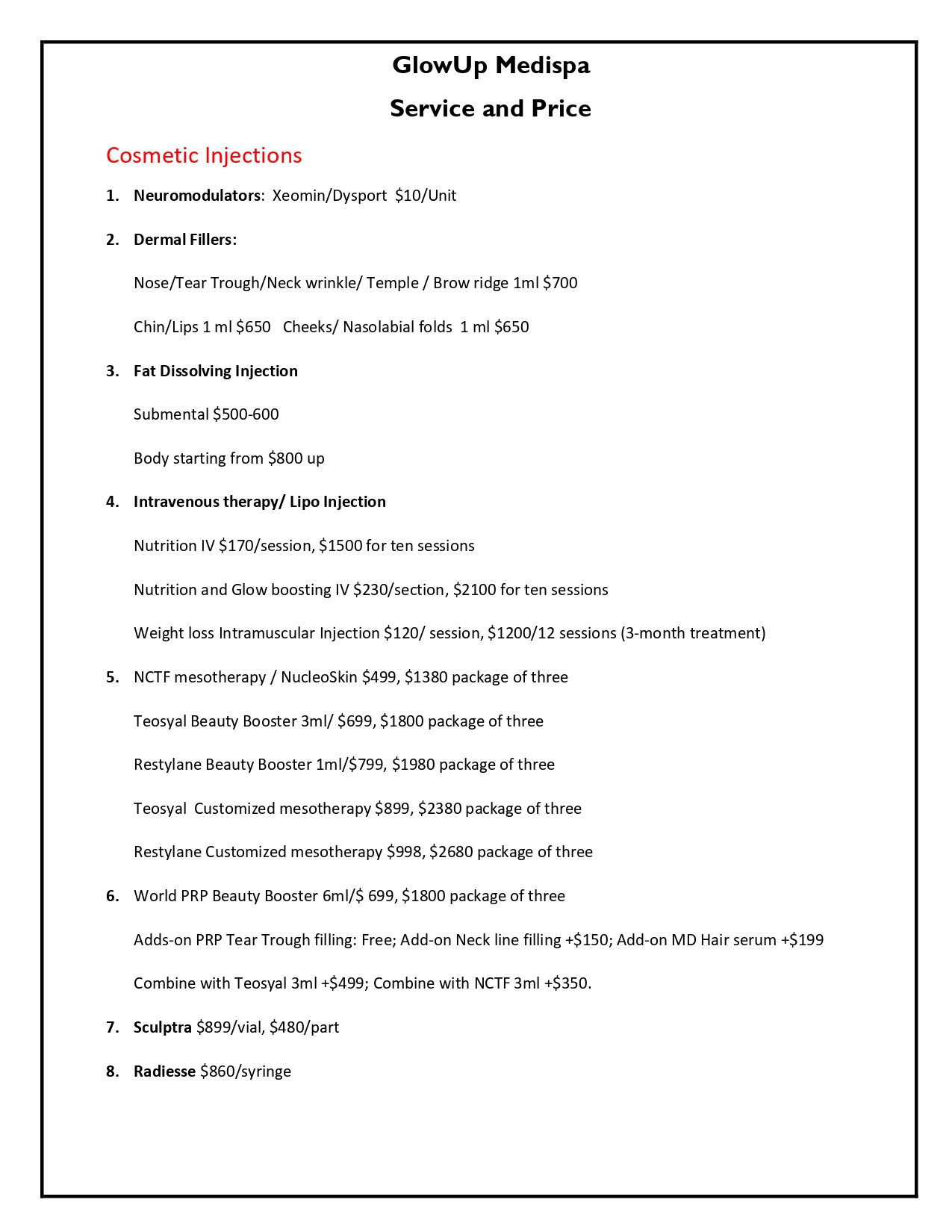 Pricing GlowUp MediSpa Ottawa Medi Spa